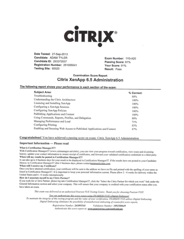 Citrix 1Y0-A20 exam results certificate preview