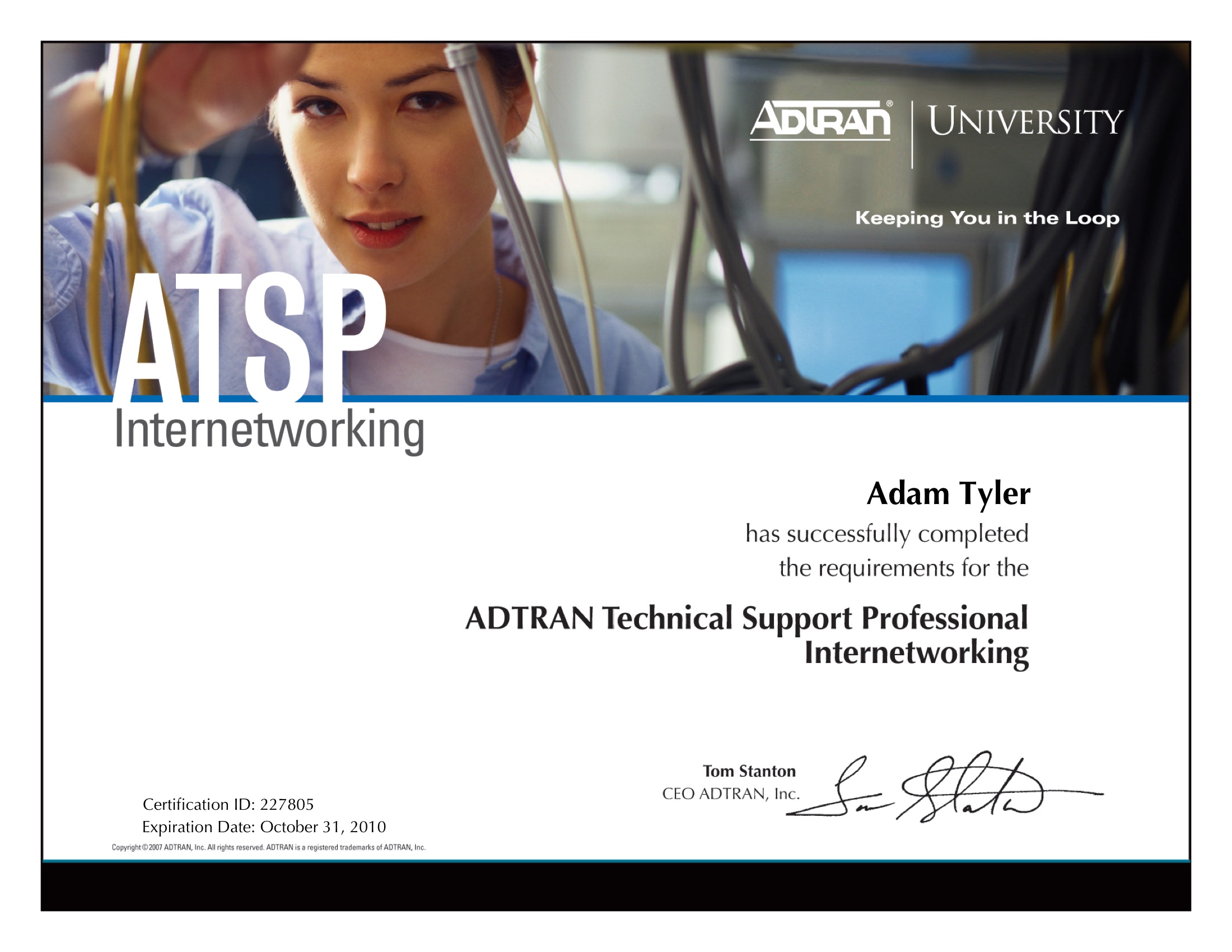 ADTRAN Technical Support Professional Internetworking certificate preview