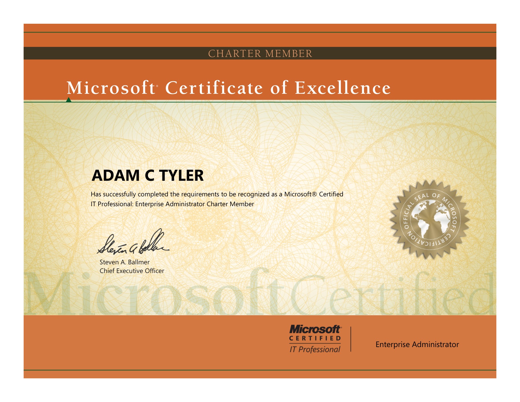 Microsoft Certified IT Professional Enterprise Administrator Charter Member certificate preview
