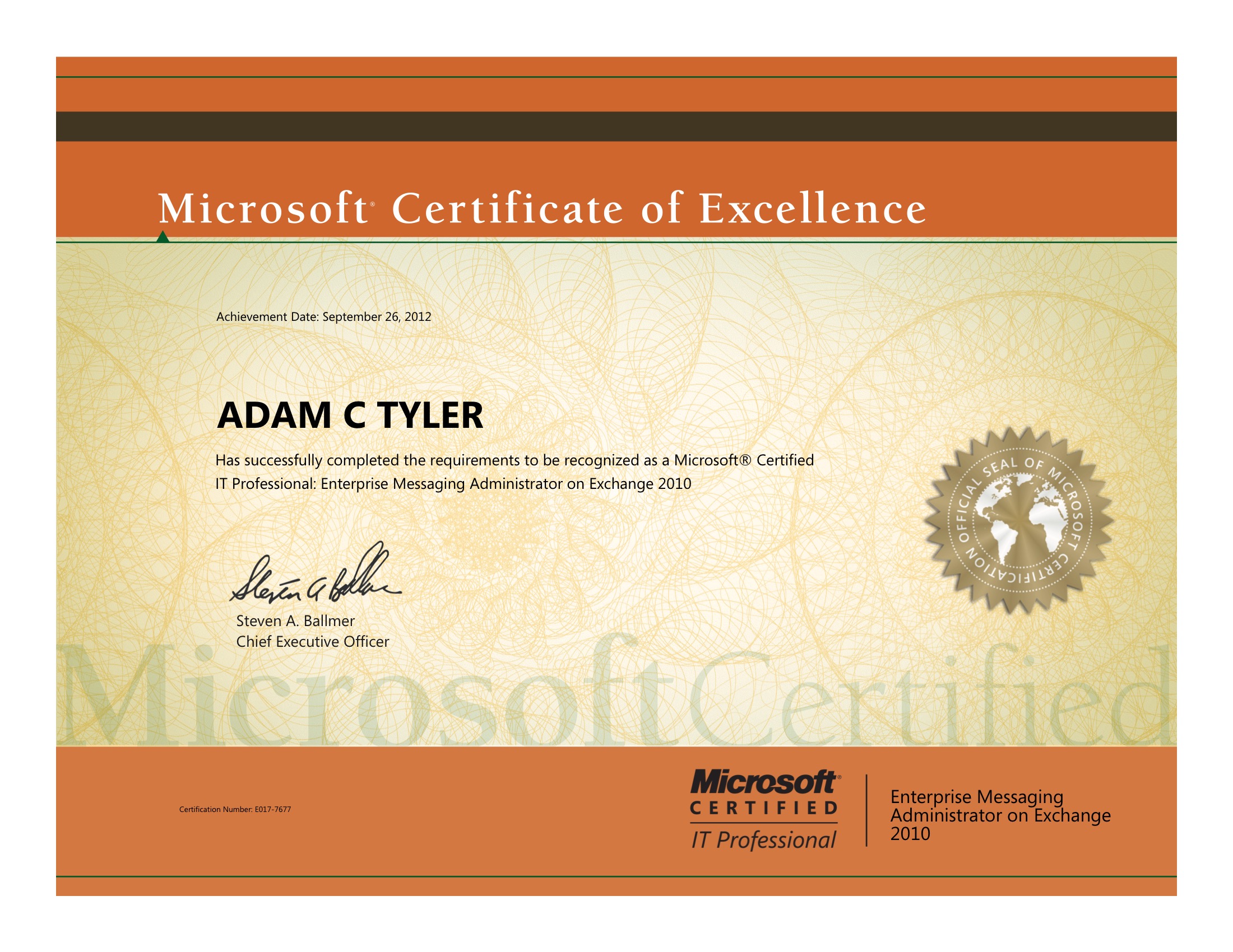 Microsoft Certified IT Professional Enterprise Messaging Administrator on Exchange 2010 certificate preview