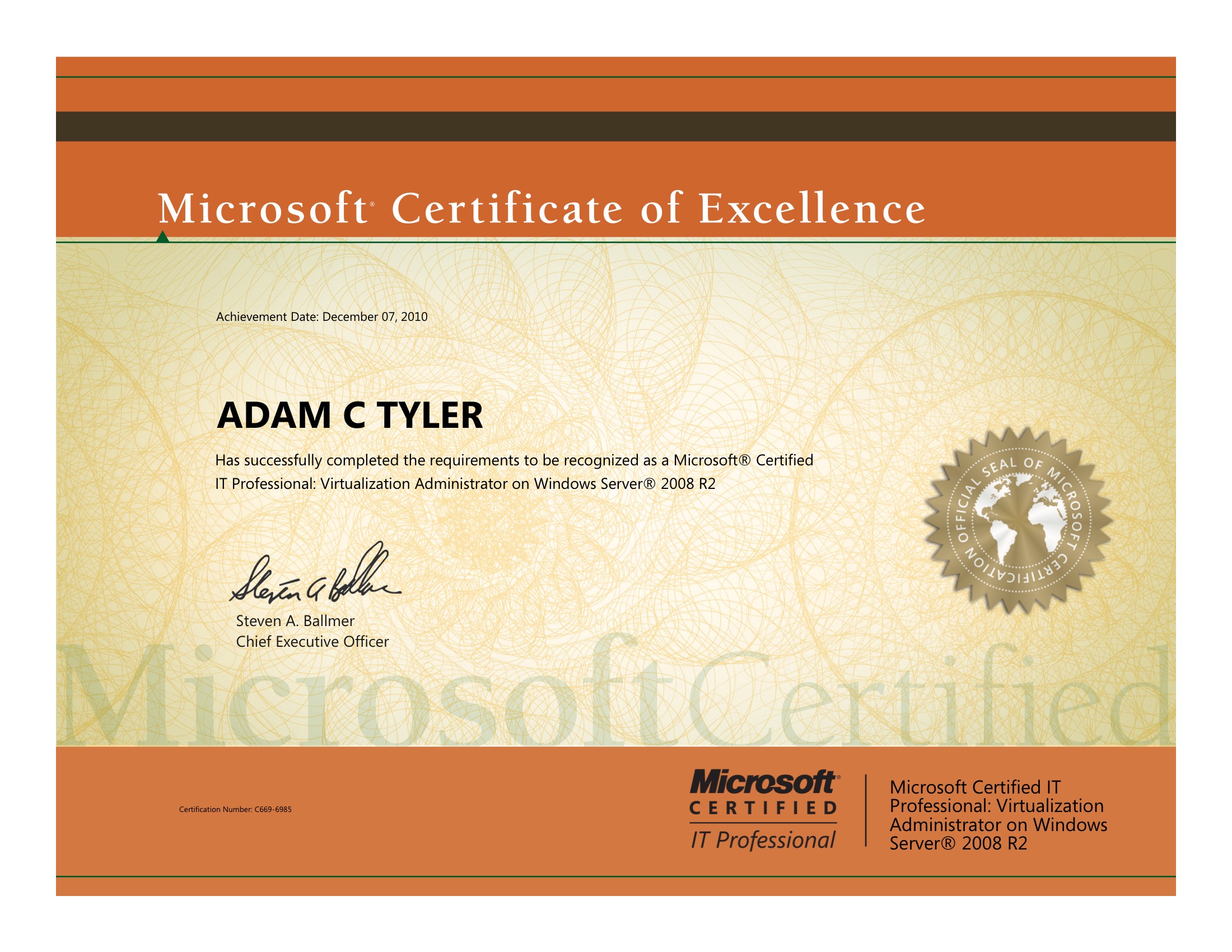 Microsoft Certified IT Professional Virtualization Administrator on Windows Server 2008 R2 certificate preview