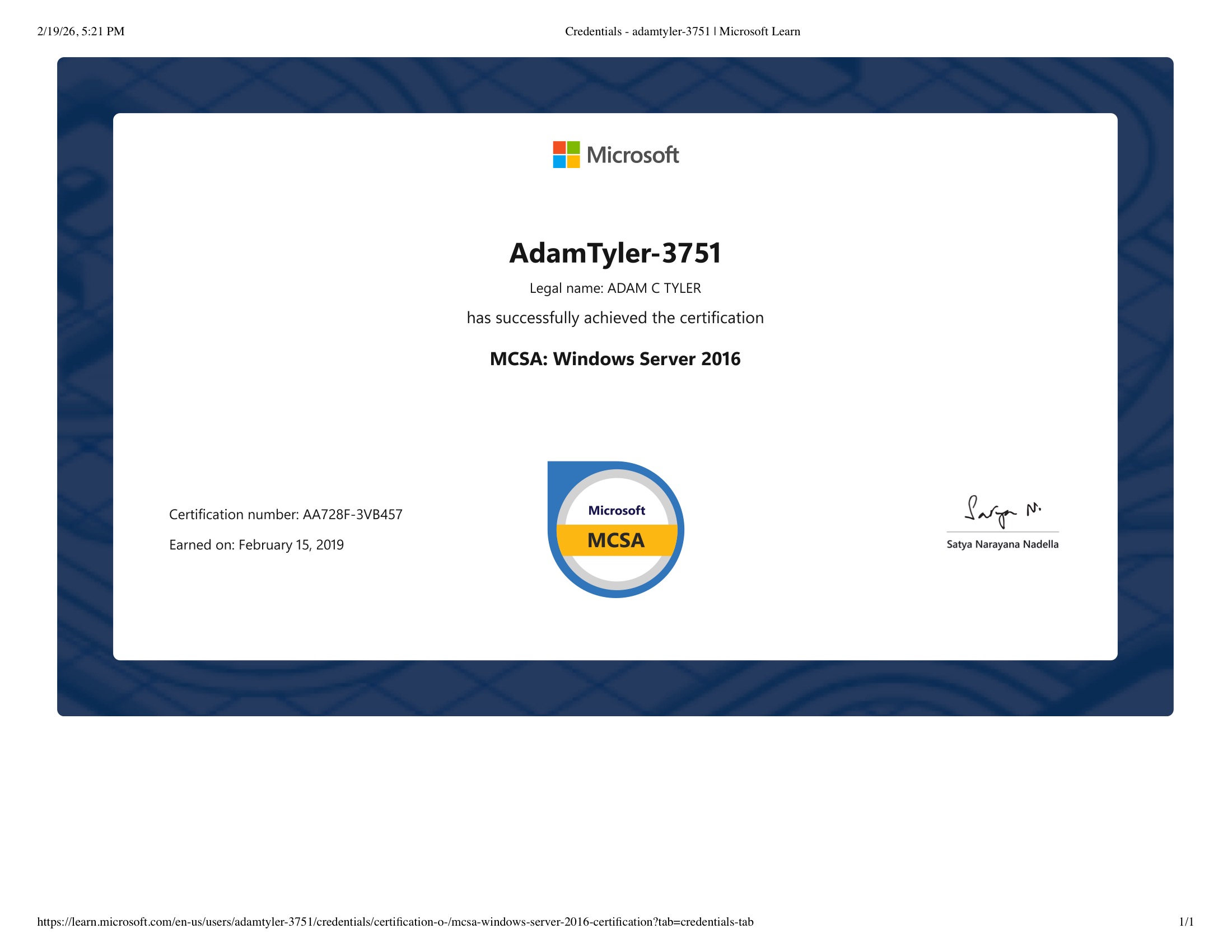MCSA Windows Server 2016 certificate preview