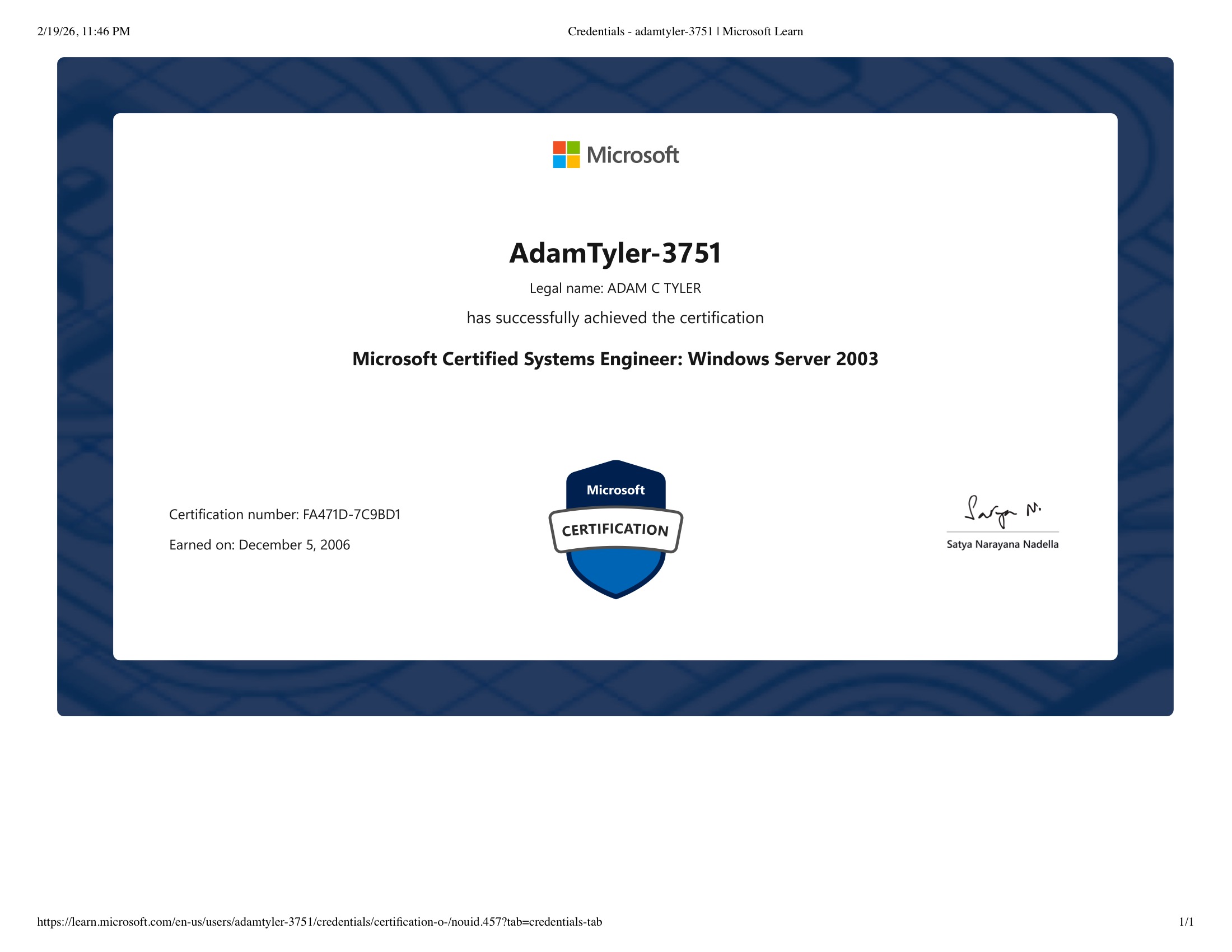 Microsoft Certified Systems Engineer Windows Server 2003 certificate preview