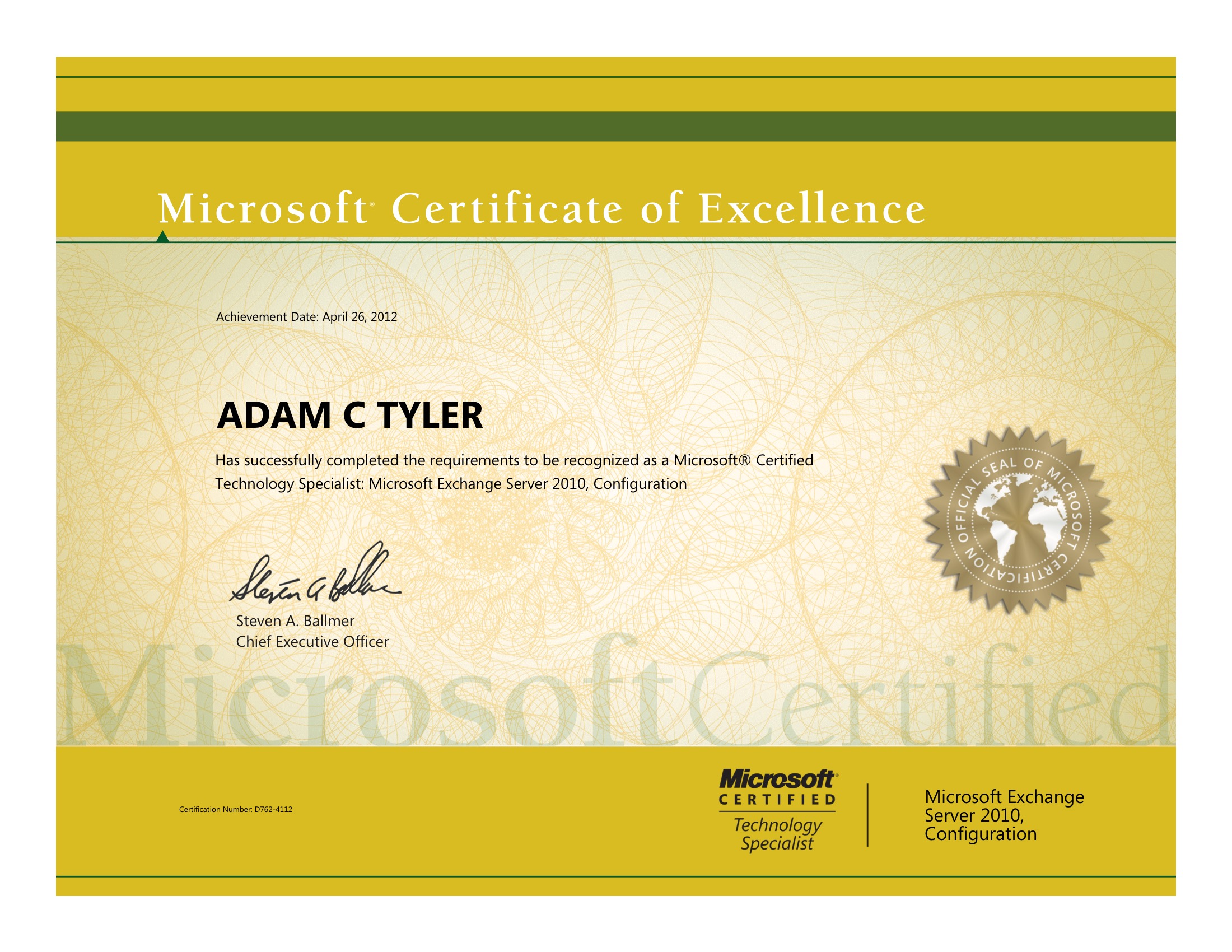 Microsoft Certified Technology Specialist Microsoft Exchange Server 2010 Configuration certificate preview