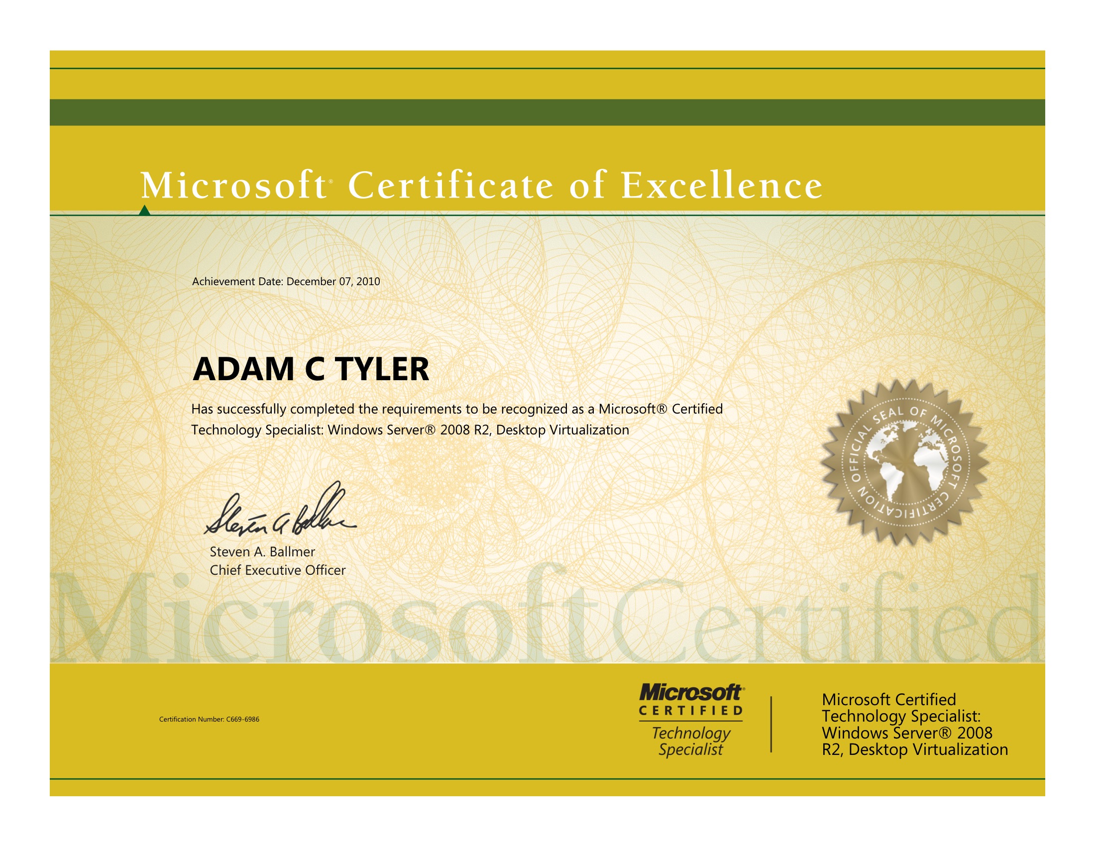 Microsoft Certified Technology Specialist Windows Server 2008 R2 Desktop Virtualization certificate preview