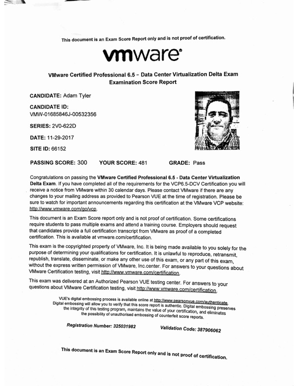 VMware VCP 6.5 exam results certificate preview